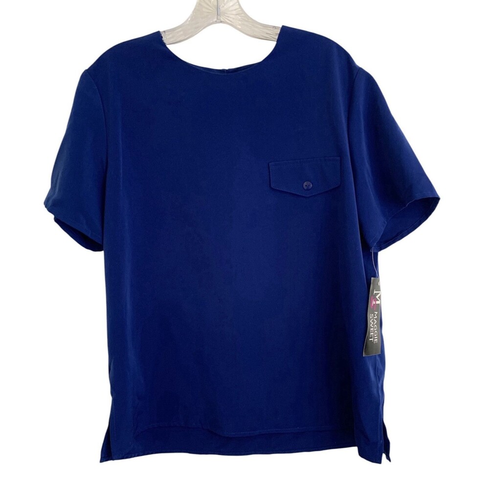 Maggie Sweet Blouse Top Size L Large Blue Short Sleeve Pocket USA